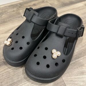 CROCS Black Platform Shoes with Pearl Accents